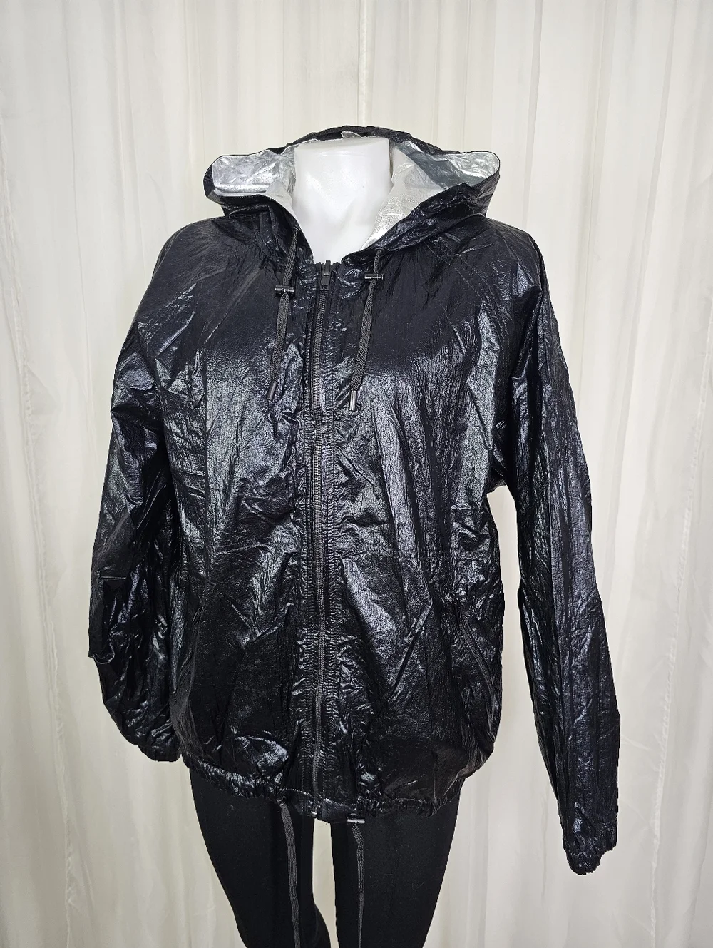 Blank NYC Reversible Shiny Silver Black Metallic Jacket Windbreaker Hood Medium